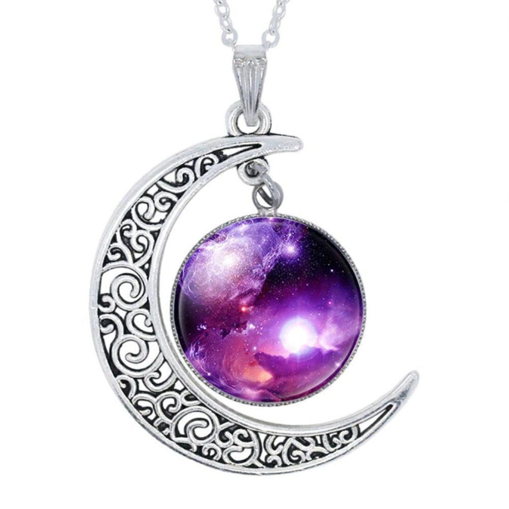 SILVER MAGICAL GALAXY CRESCENT MOON NECKLACE